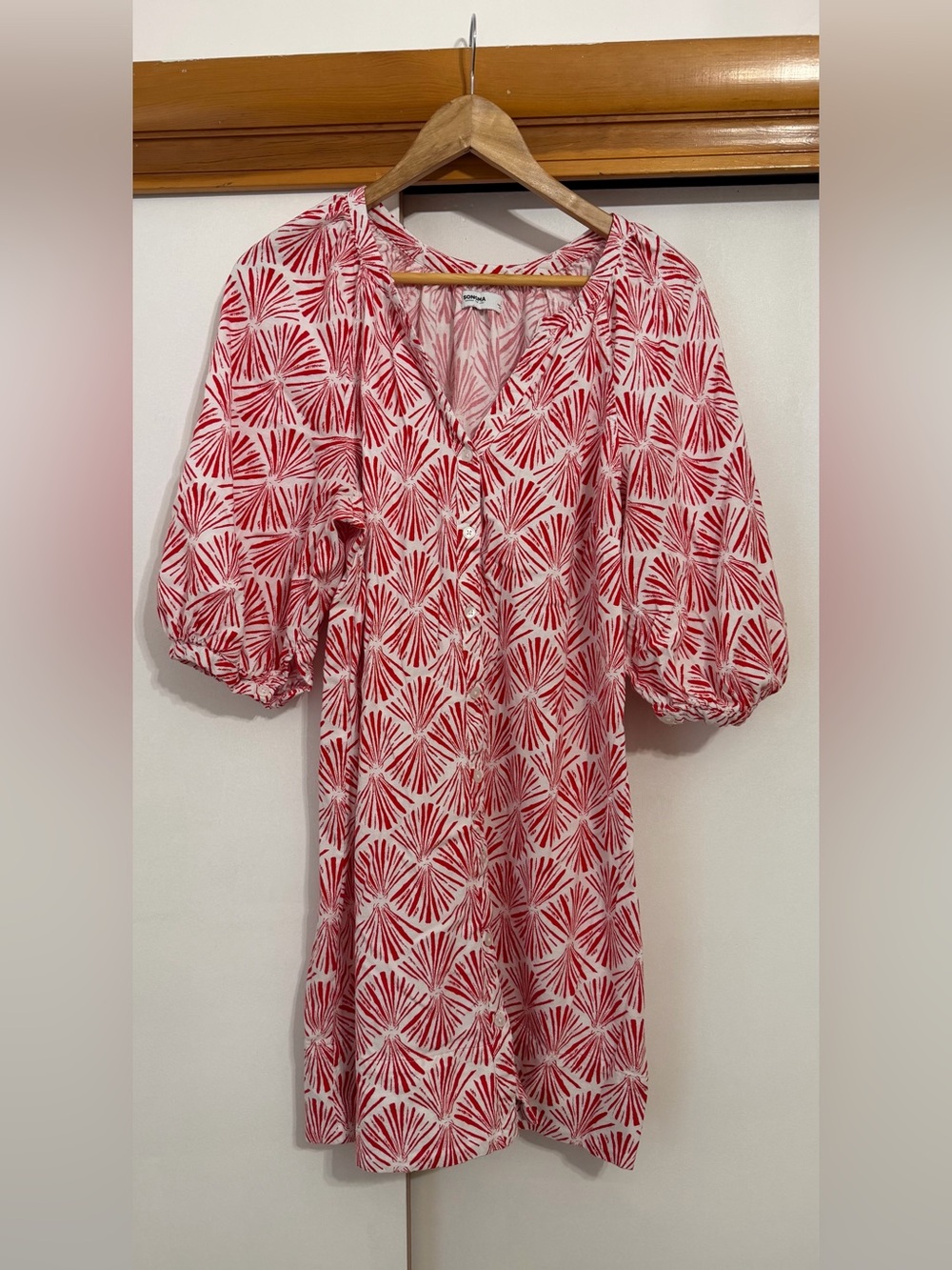 Red Patterned V-Neck Puff Sleeve Mini Dress